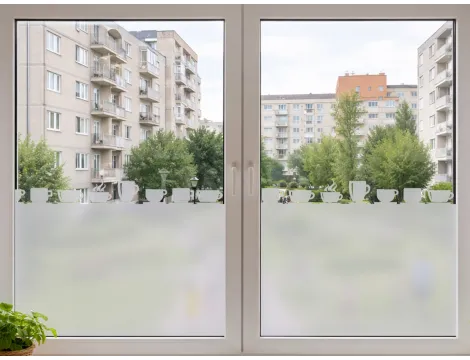Folia okienna Aura LumiFrost™ z motywem filiżanek – dekoracyjna przesłona do kuchni zapewniająca prywatność.