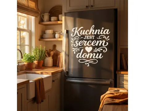 Biała naklejka na lodówkę z napisem Kuchnia jest sercem domu, ozdobna typografia z motywem serca i ornamentami roślinnymi na ciemnym froncie lodówki.