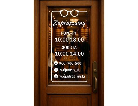 Naklejka na Drzwi z Godzinami Otwarcia dla Optyka - Okulary w Ramce