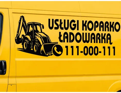 Wizualizacja czarnej naklejki z koparką i numerem telefonu na boku żółtego samochodu dostawczego