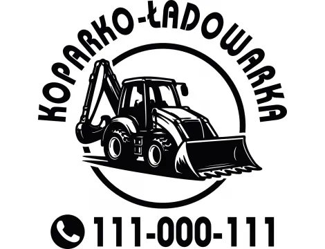 Naklejka w proporcjach kwadratu, z grafiką koparki i napisem Koparko-Ładowarka oraz miejscem na Twój numer telefonu