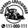 Naklejka w proporcjach kwadratu, z grafiką koparki i napisem Koparko-Ładowarka oraz miejscem na Twój numer telefonu