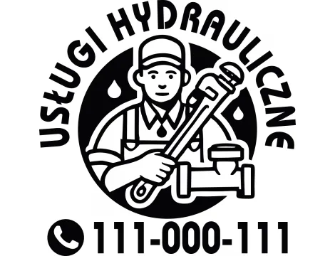 Naklejka reklamowa "Usługi Hydrauliczne" z grafiką fachowca trzymającego klucz żabkę przy instalacji rur.