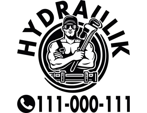 Naklejka reklamowa dla hydraulika z wizerunkiem silnego fachowca w okularach ochronnych i miejscem na numer telefonu.