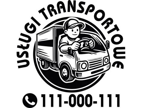 Reklamowa naklejka na auto "Usługi Transportowe" przedstawiająca uśmiechniętego kierowcę w samochodzie dostawczym.