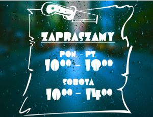 Naklejka na Drzwi z Godzinami Otwarcia do Sklepu - Kartka Przybita Nożem