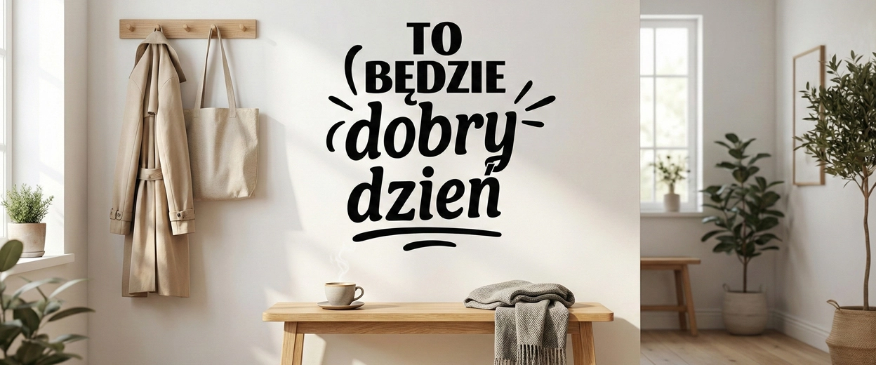 Naklejka ścienna z napisem To będzie dobry dzień w aranżacji jasnego przedpokoju w stylu skandynawskim z drewnianą ławką